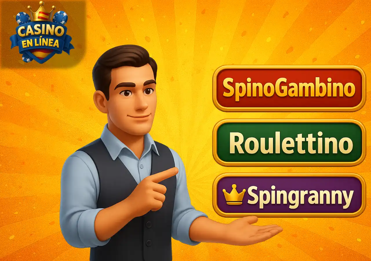 Selección de juegos y categorías presentadas por un personaje que señala opciones de casino en línea