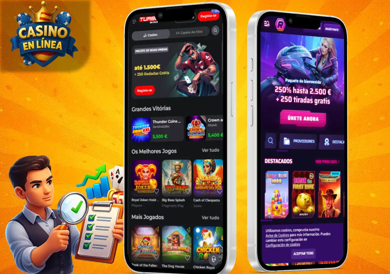 Evaluación de casinos online con pantallas móviles que muestran juegos, bonos y análisis de funciones