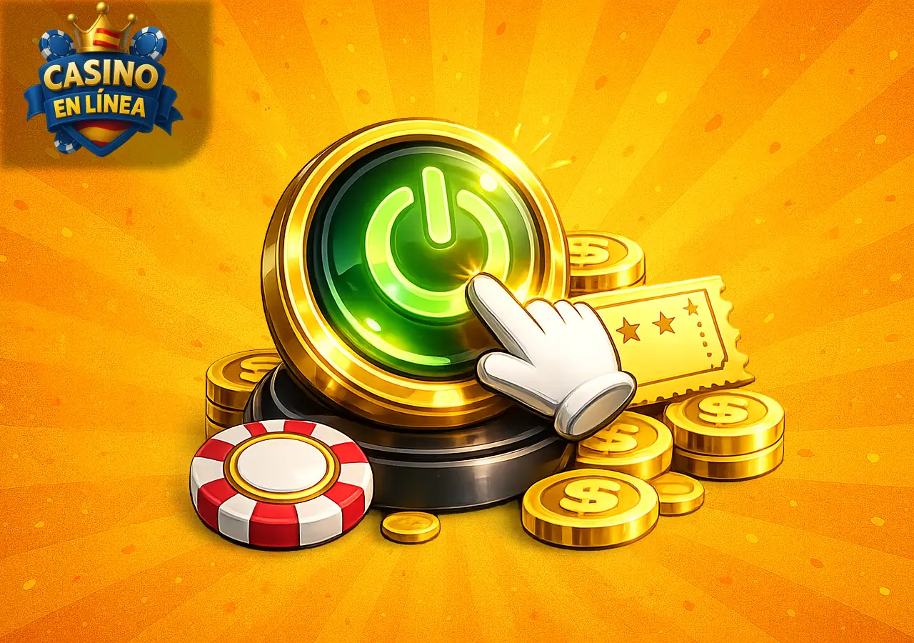 Activar bono de casino online con botón verde, monedas y ticket de recompensa